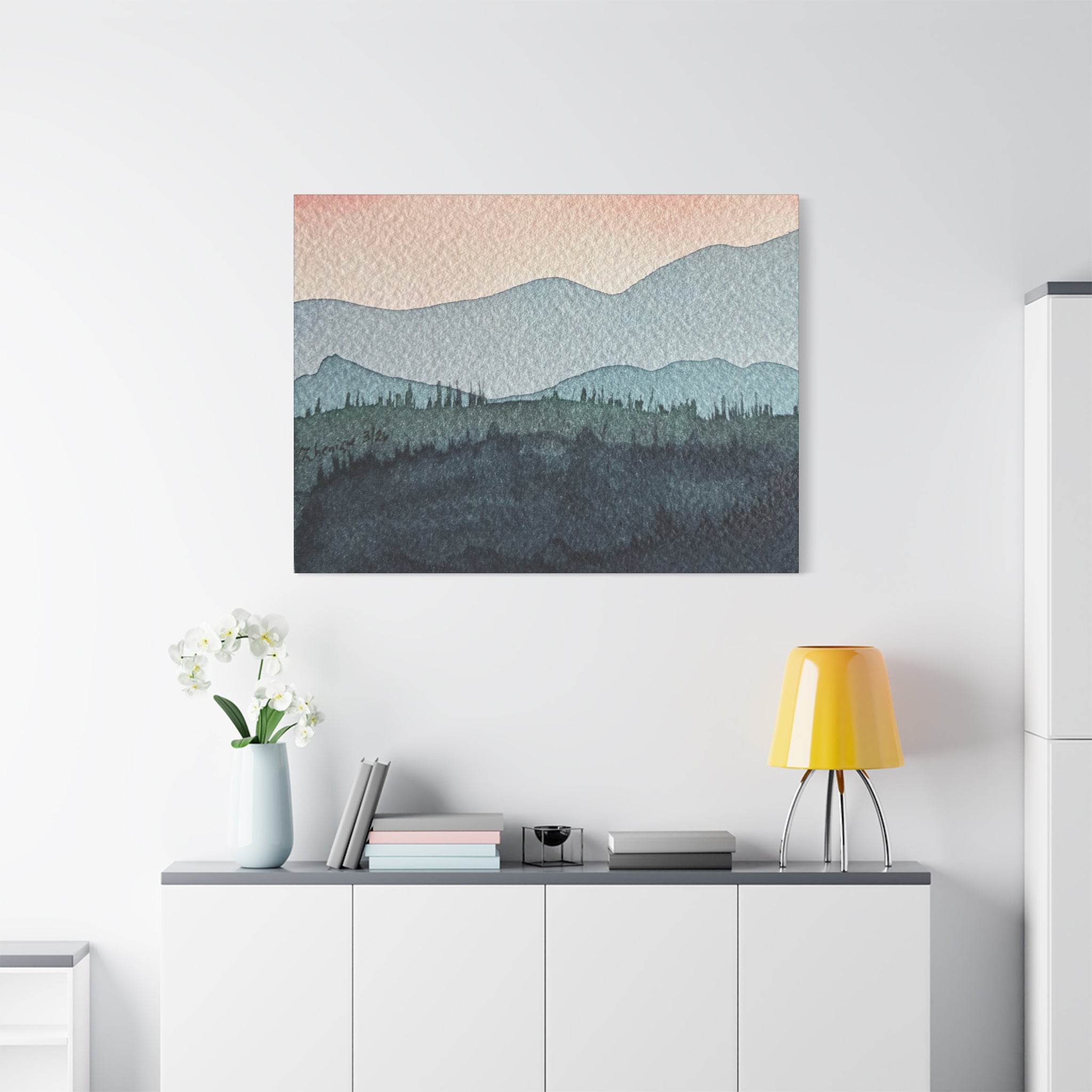 Teal Mountain Mist Watercolor Canvas Wall Art — Stretched Matte Landscape Print