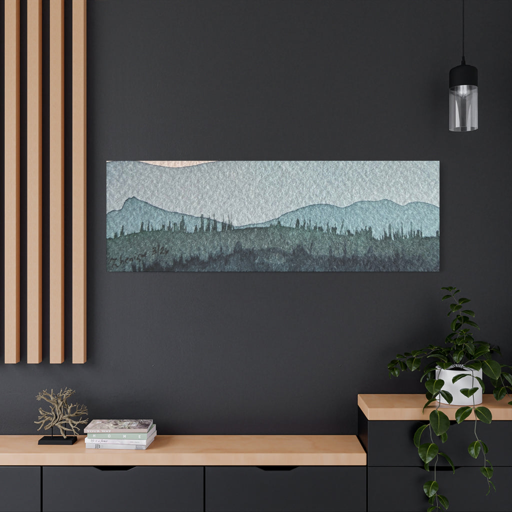 Teal Mountain Mist Watercolor Canvas Wall Art — Stretched Matte Landscape Print