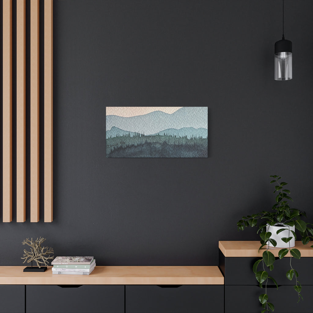 Teal Mountain Mist Watercolor Canvas Wall Art — Stretched Matte Landscape Print