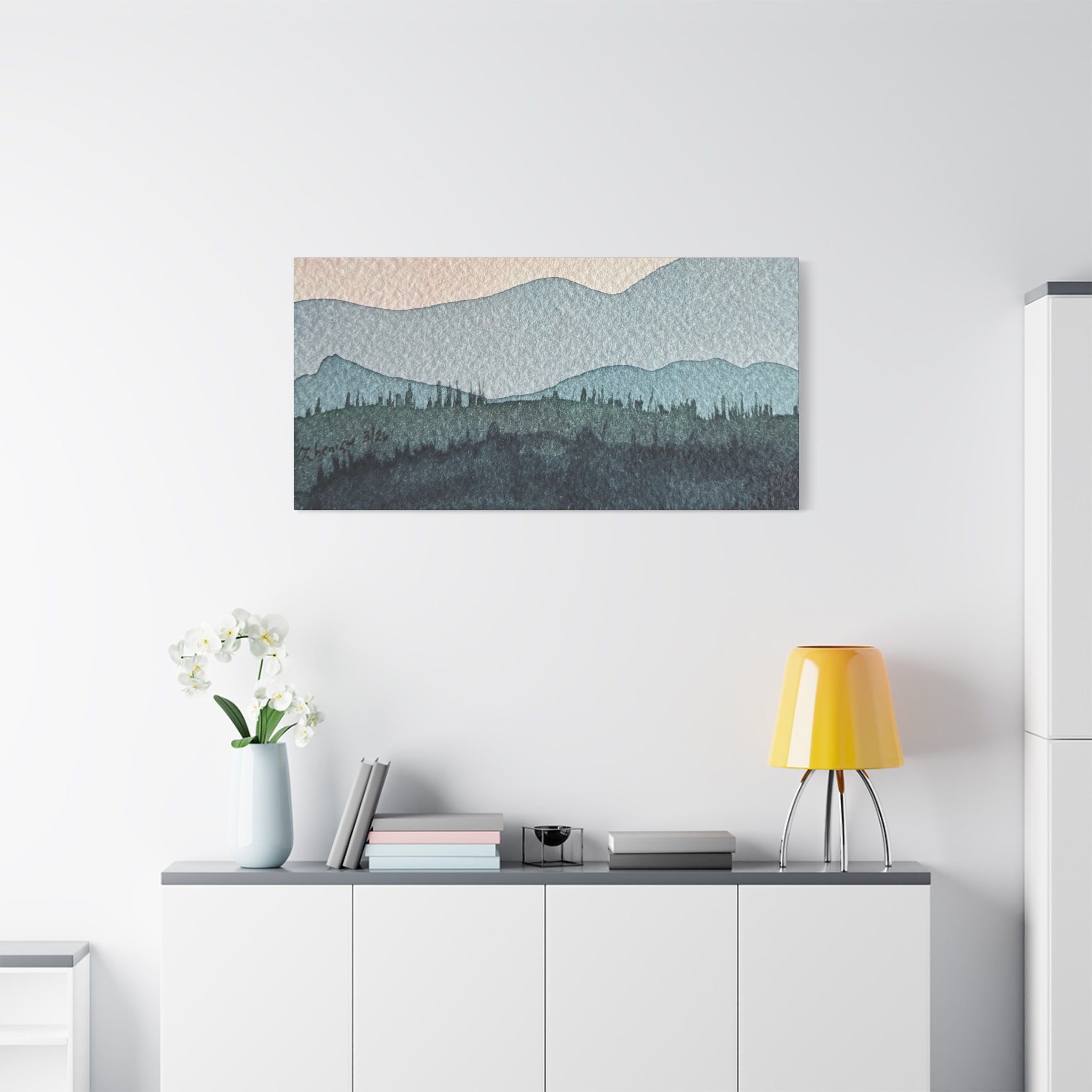 Teal Mountain Mist Watercolor Canvas Wall Art — Stretched Matte Landscape Print
