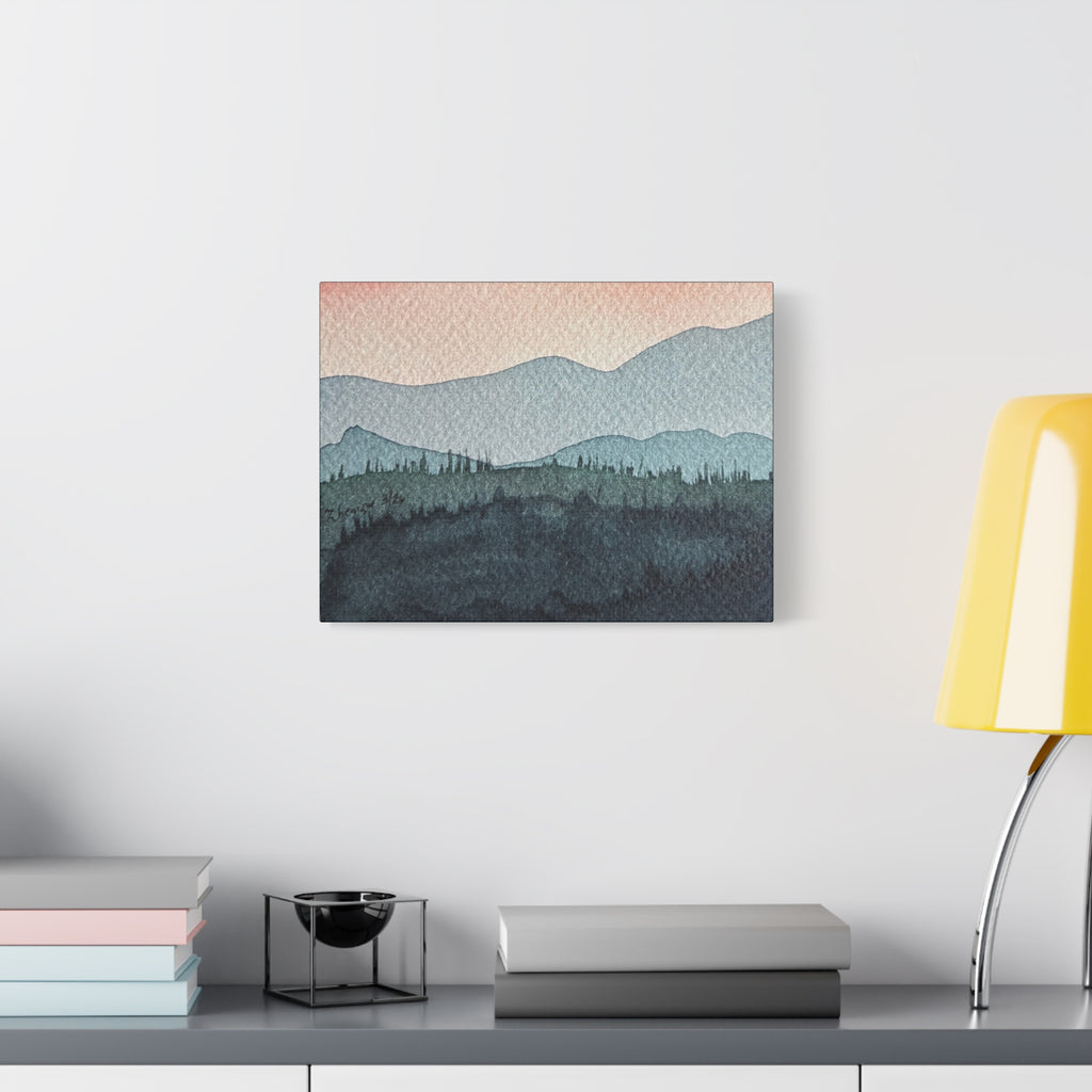 Teal Mountain Mist Watercolor Canvas Wall Art — Stretched Matte Landscape Print