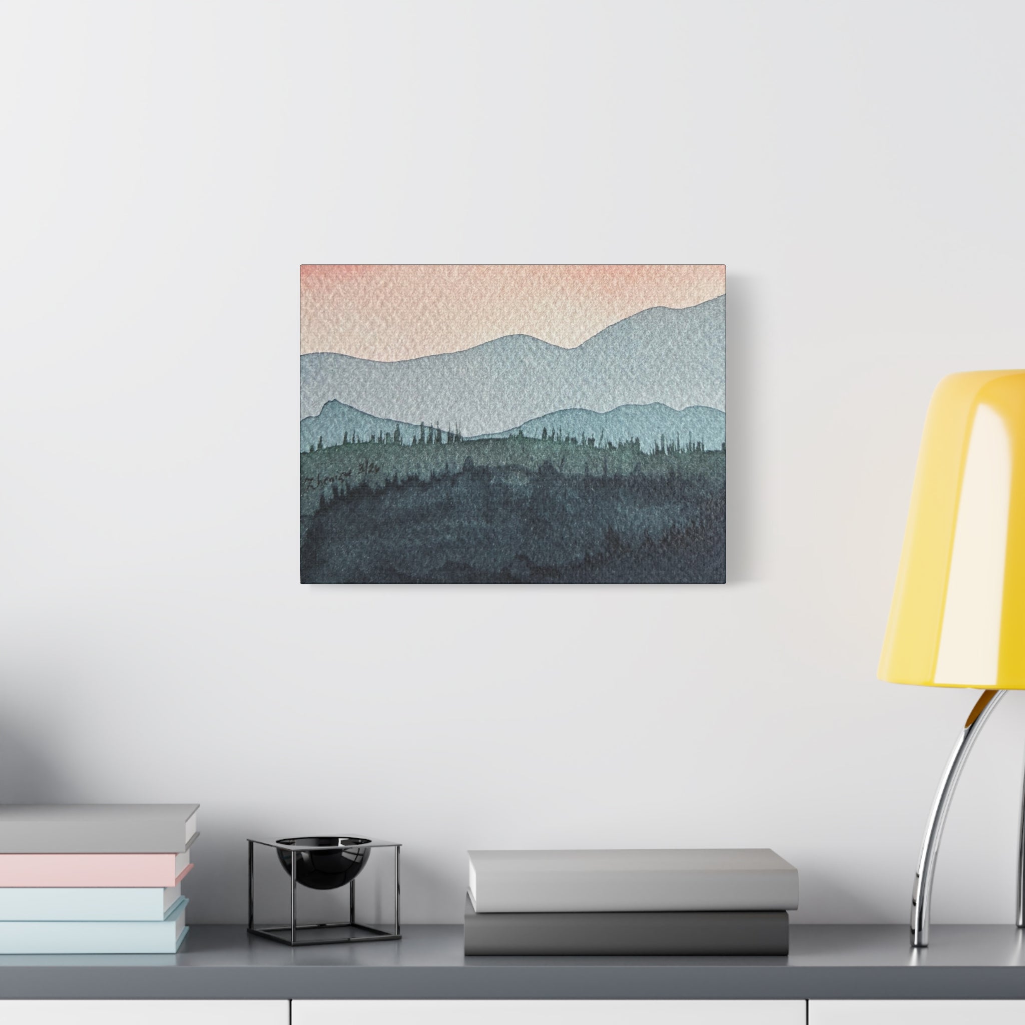 Teal Mountain Mist Watercolor Canvas Wall Art — Stretched Matte Landscape Print